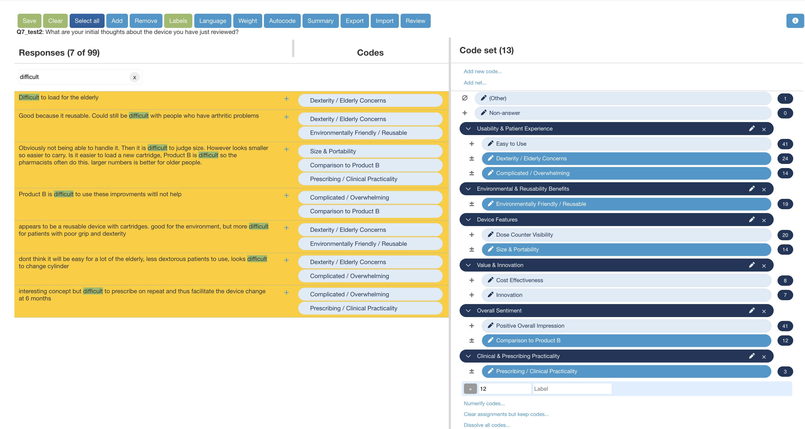 Protobi coding interface continuing the filtered view with 'difficult' in the Search box. The responses shown are all highlighted in yellow/gold and contain the search term. This view shows the same filtered set of responses about difficulty with the medical device, each with their assigned codes like #NOT EASY, #ECO-FRIENDLY, and #EASY TO USE.